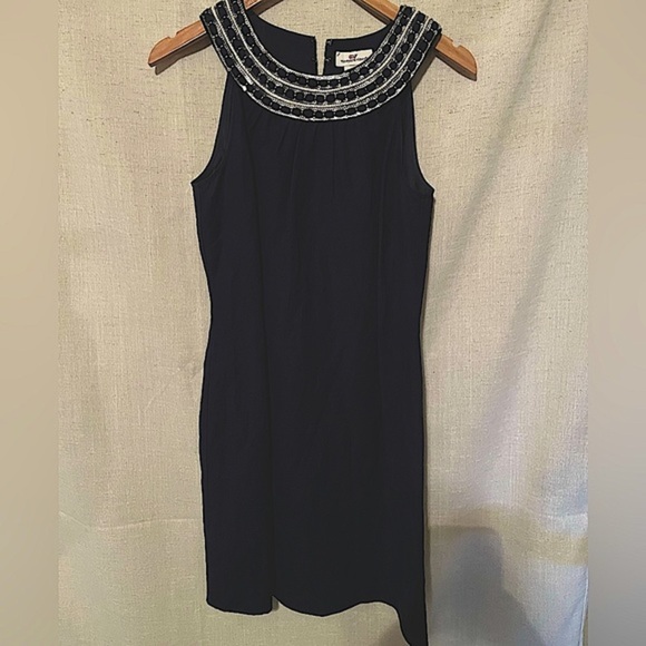 Vineyard Vines Blue Linen Woven Jeweled Neck Halter Sleeveless Dress Siz… - Picture 1 of 6